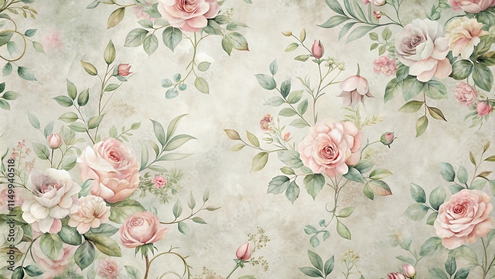 Fototapeta Elegant Watercolor Roses and Greenery on a Textured Background