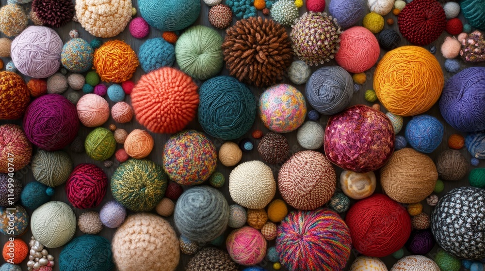 A bunch of colorful balls made of yarn. Some are white, some are pink, and some are green A bunch of colorful balls made of yarn. Some are white, some are pink, and some are green
