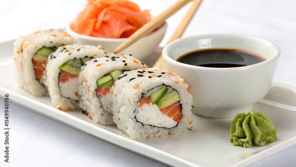 Delicious sushi roll with fresh ingredients, with soy sauce held with chopsticks Delicious sushi roll with fresh ingredients, with soy sauce held with chopsticks