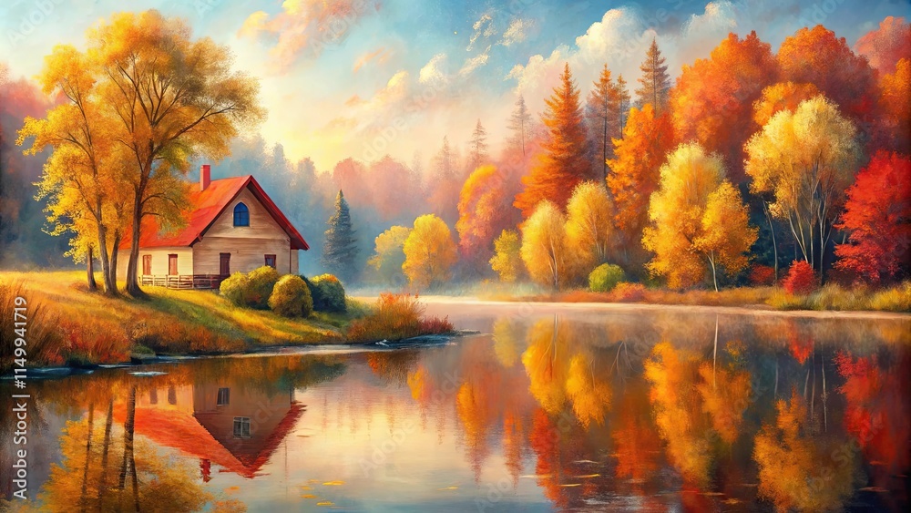 Fototapeta premium Serene autumnal landscape featuring a lakeside cottage reflected in tranquil waters, surrounded by vibrant fall foliage.