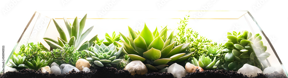 Fototapeta premium Minimalist geometric glass planter featuring vibrant green succulents, layered with decorative stones and soil, ideal for modern decor. Isolated on transparent background