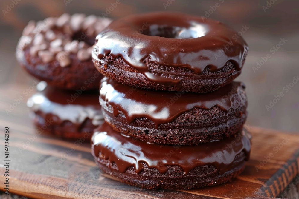Delicious chocolate donuts stacked on wooden board, chocolate donuts tempting with rich icing Delicious chocolate donuts stacked on wooden board, chocolate donuts tempting with rich icing