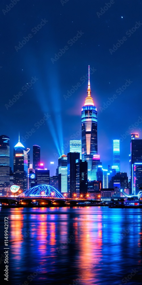 Obraz premium An 8K vertical wallpaper capturing the vibrant energy of a bustling city skyline at night, illuminated by dazzling lights and reflections 