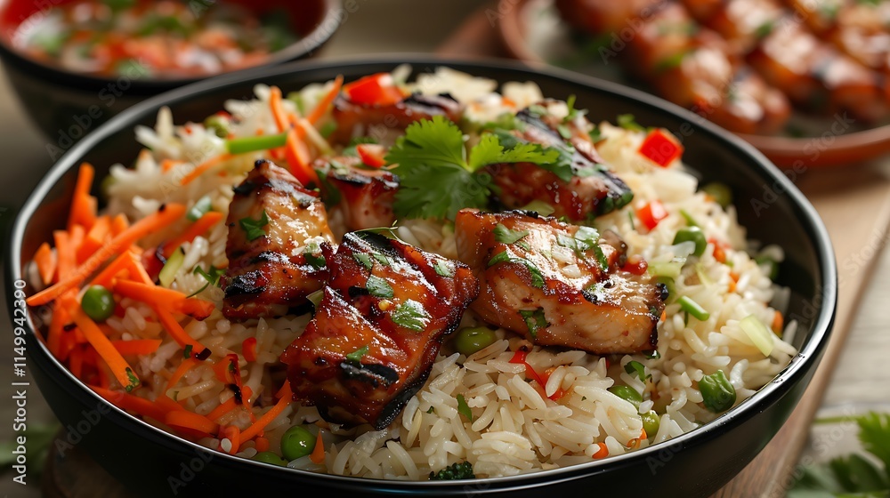 Lemonade rice and veggies are provided with barbecued meat Lemonade rice and veggies are provided with barbecued meat
