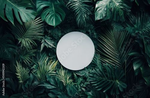 Blank circle mockup surrounded by lush tropical foliage. photo