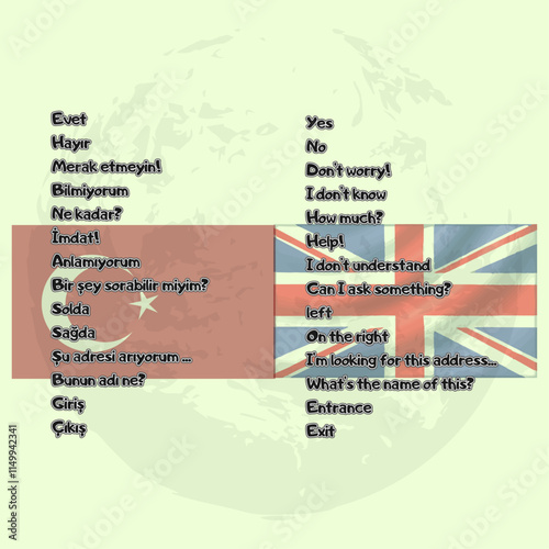 Turkish-English Dictionary. Set of Turkish words. Turkish minimum. The first Turkish words. Turkish and UK flag.