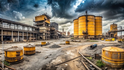 Ruined Industrial Complex Under a Stormy Sky Derelict Factory and Storage Silos photo