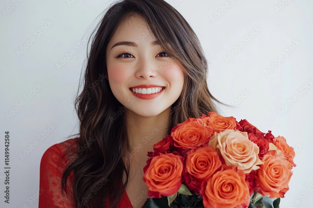 A cheerful young woman wearing a vibrant outfit smiles brightly while holding a bouquet of orange roses, radiating happiness. Generative AI A cheerful young woman wearing a vibrant outfit smiles brightly while holding a bouquet of orange roses, radiating happiness. Generative AI