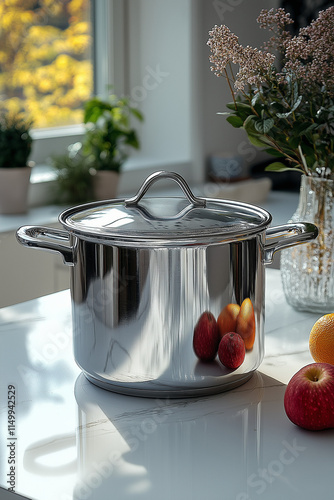 Casserole en Acier Inoxydable avec Poignées et Couvercle en Verre, Surface Polie et Design Moderne photo