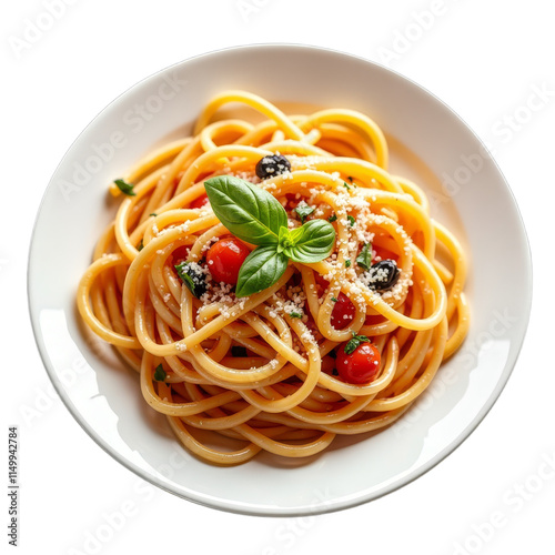 Delicious spaghetti with cherry tomatoes basil on white plate