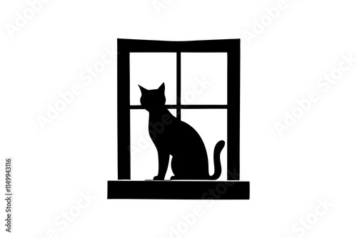 A cat on a windowsill, flat vector style silhouette illustration on white background
