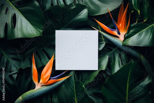 Blank card nestled in vibrant tropical leaves and exotic bird of paradise flowers. photo