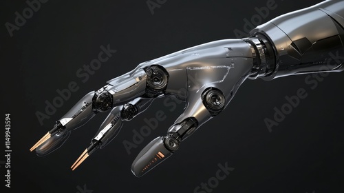 A robot hand with a metal finger. The finger is pointing to the right. The hand is silver and has a black tip