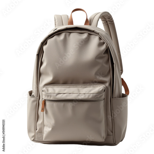 Grey leather backpack with brown straps and handle photo