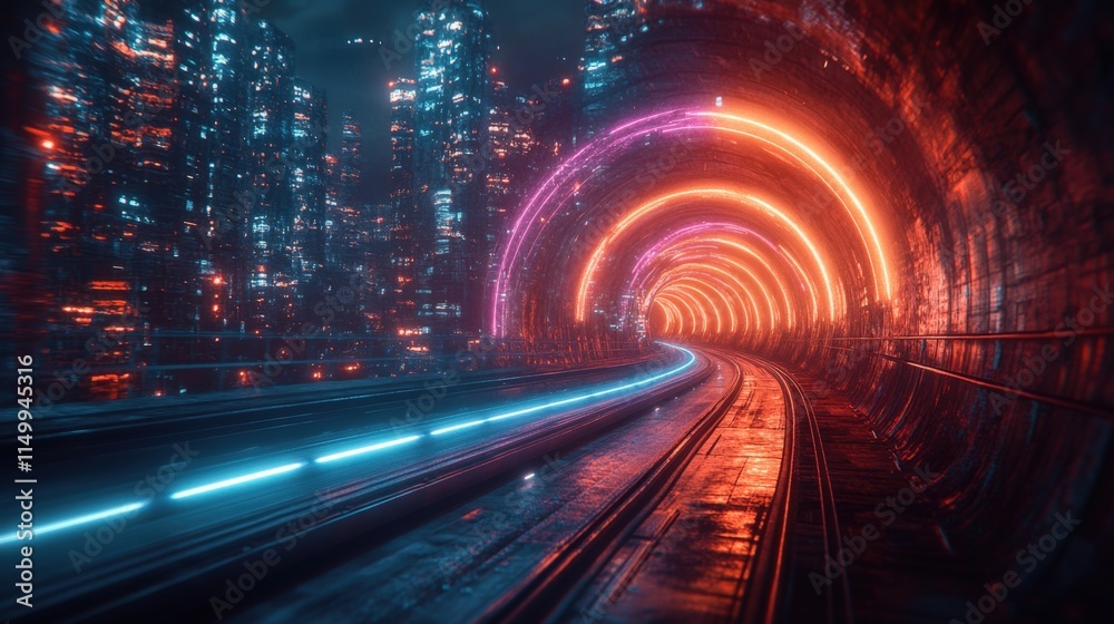 Futuristic neon-lit tunnel with city skyline view. Futuristic neon-lit tunnel with city skyline view.