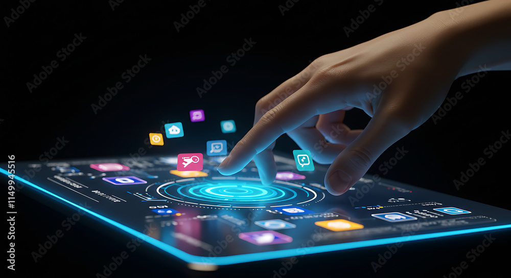 Obraz premium Futuristic Tablet Interface Hand Interacting with App Icons