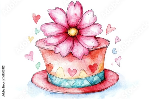 A whimsical illustration of a colorful hat adorned with a large pink flower and hearts, perfect for creative projects and celebrations. photo