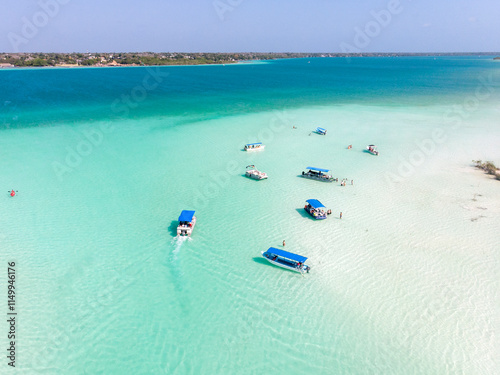 Aerial landscape of the pirate channel in Bacalar Quintana roo, Mexico. Lagoon of seven colors from the sky photo