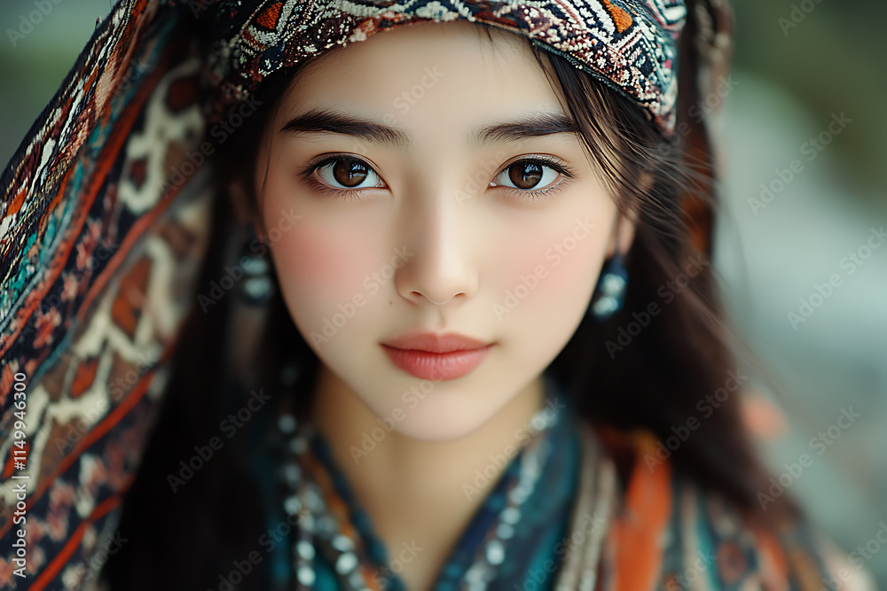 Portrait of a Young Woman in Traditional Asian Attire, Close-up, Intriguing Gaze, Rich Textures, Detailed Headscarf, Soft Lighting Portrait of a Young Woman in Traditional Asian Attire, Close-up, Intriguing Gaze, Rich Textures, Detailed Headscarf, Soft Lighting