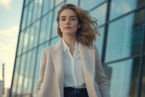 Everyday elegance: Woman showcasing her Pastel wool coat, Blouse, Jeans, and Sneakers amidst modern Glass facades Free Download Everyday elegance: Woman showcasing her Pastel wool coat, Blouse, Jeans, and Sneakers amidst modern Glass facades - GFXLoad