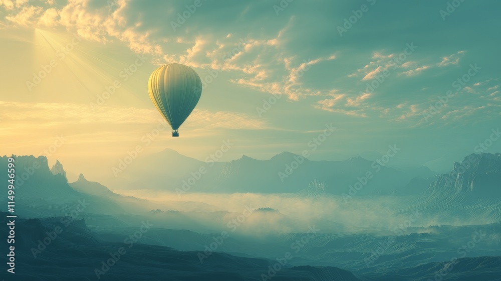 Fototapeta premium A hot air balloon is flying over a mountain range. The sky is cloudy and the sun is shining