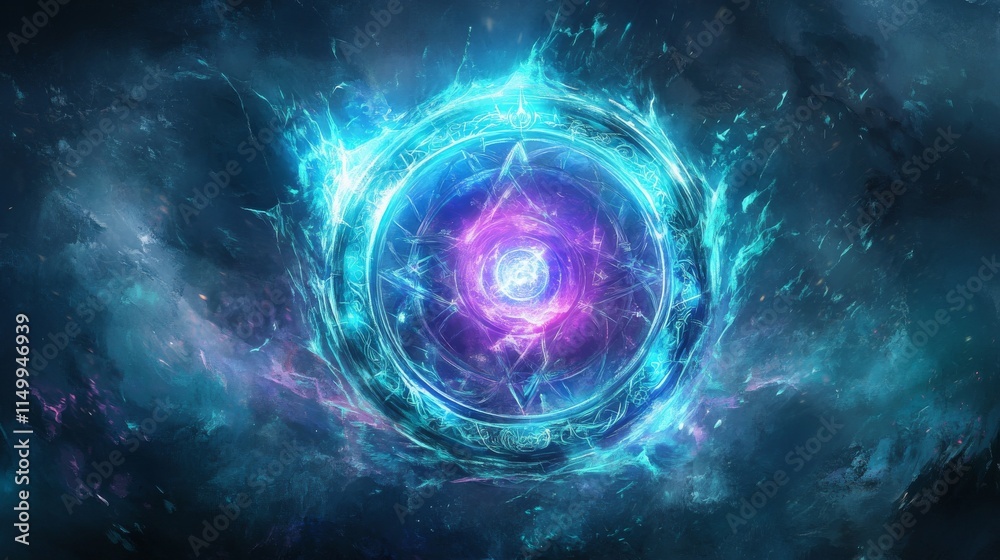 Obraz premium A radiant orb of vibrant blue and purple light swirls with magical energy, floating in a dark, mystical atmosphere. The ethereal glow creates a sense of mystery and power, ideal for fantasy and