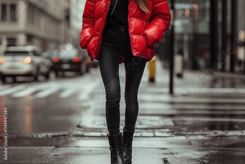 Edgy look: red Puffer Jacket, Skinny Jeans, and chunky Boots on a bustling City Street