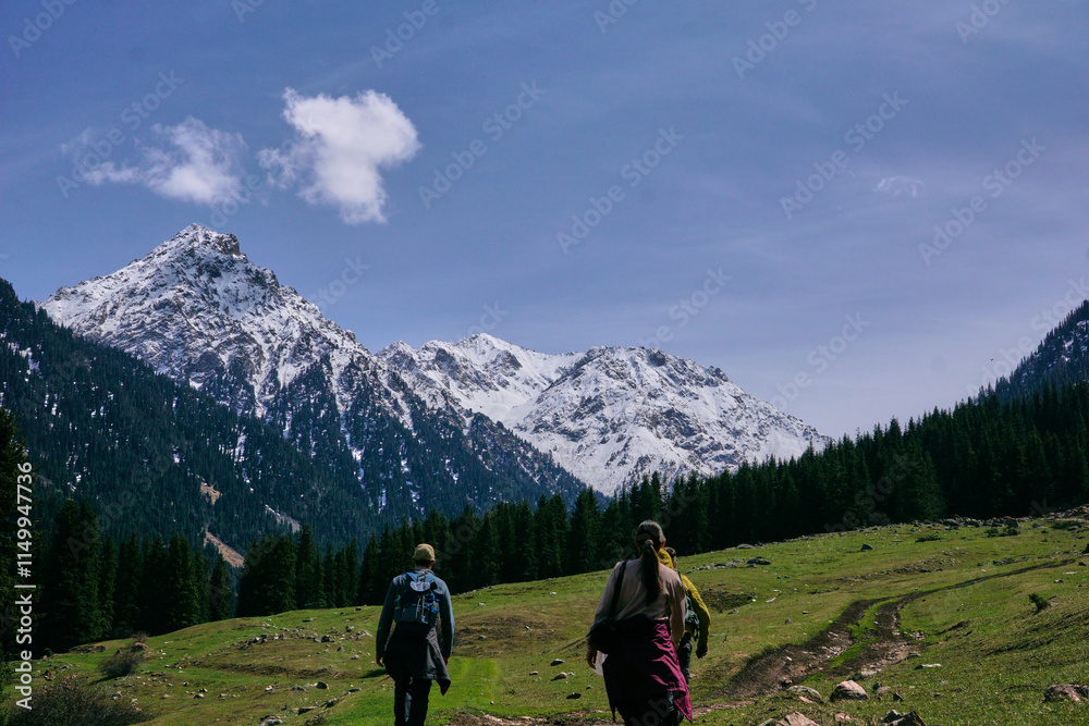 A group of friends are walking along a mountain path in a mountain valley against a backdrop of snowy peaks. Hiking in the Tien Shan Mountains in spring A group of friends are walking along a mountain path in a mountain valley against a backdrop of snowy peaks. Hiking in the Tien Shan Mountains in spring