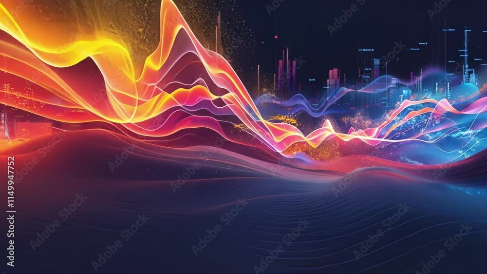 Big data is flowing over a smart city with a futuristic landscape at night, generating insights and driving innovation in urban development and technology