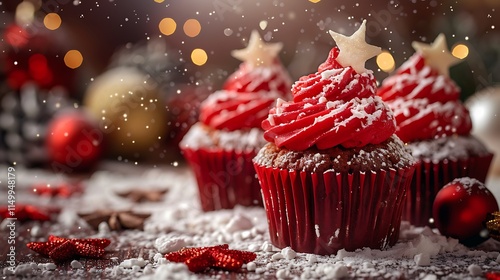 Powdered red christmas cupcakes on a christmas backdrop