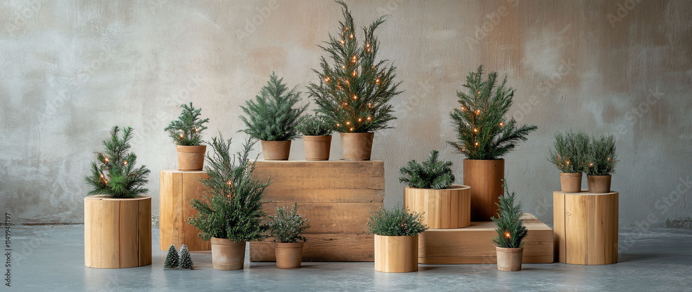 Potted artificial Christmas trees with warm lights on wooden stands. Potted artificial Christmas trees with warm lights on wooden stands.