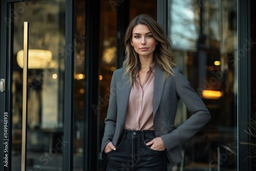 Woman stepping out of a glass café in a pink blouse, jeans, and fitted blazer