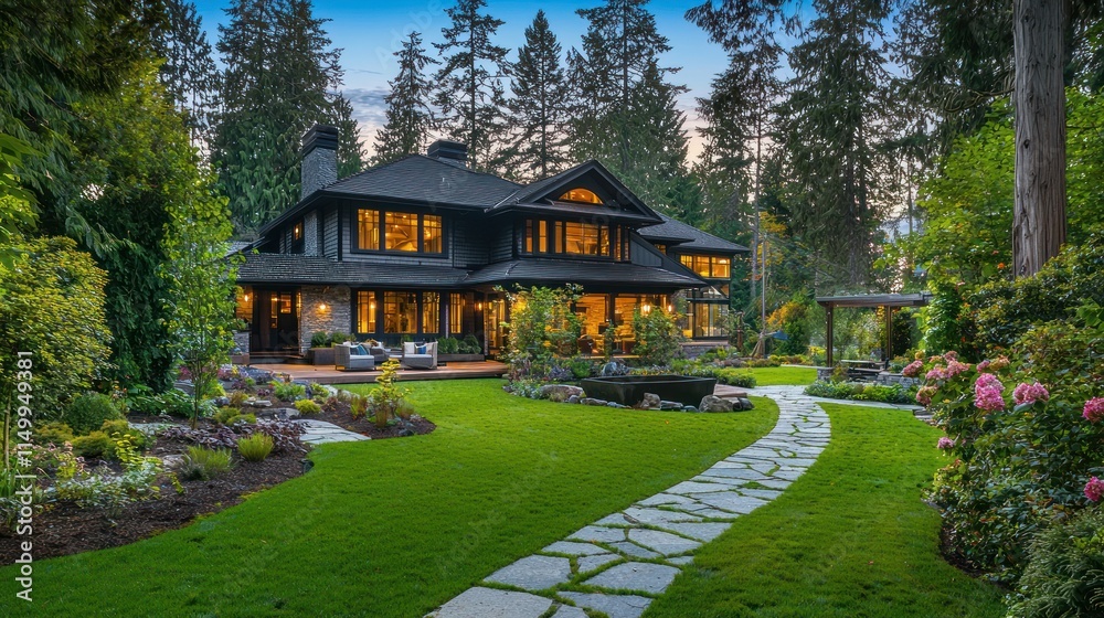 Fototapeta premium Luxurious Modern Home Backyard Evening Ambiance