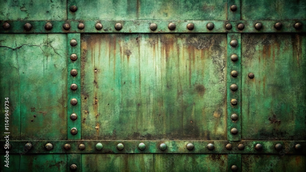 Fototapeta premium Aged Green Metal Panel with Rivets and Patina Texture