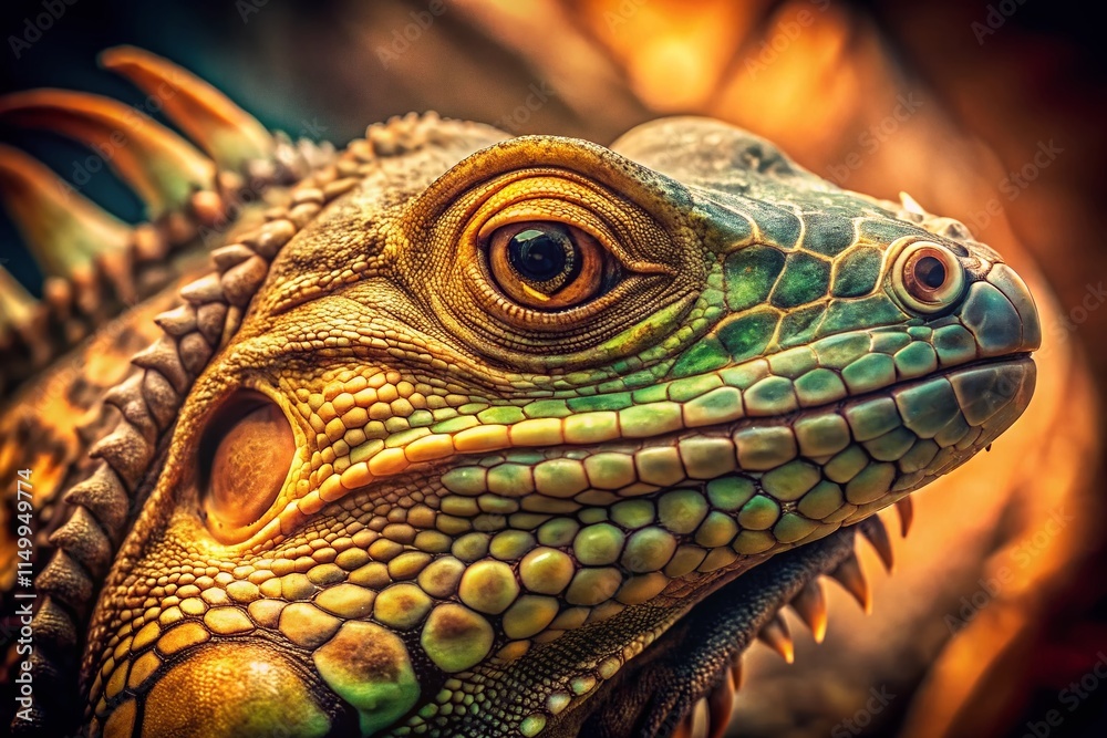 Fototapeta premium Vintage Iguana Close Up: Reptile Portrait, Scaly Skin Texture, Lizard Photography, Retro Photo