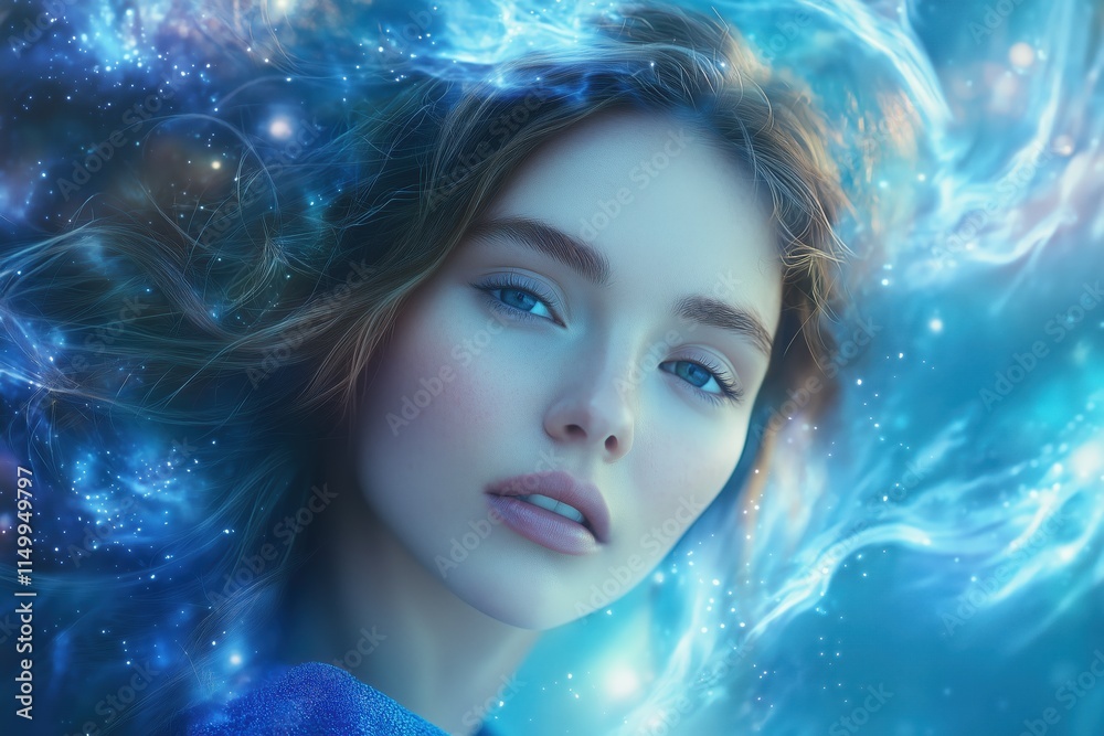 Woman’s serene expression highlighted by glowing, cloud-like textures Woman’s serene expression highlighted by glowing, cloud-like textures