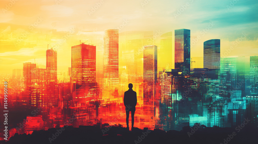 A vibrant skyline made of medical buildings and financial institutions, illustrating the balance between healthcare and economic growth, with a person observing the horizon. A vibrant skyline made of medical buildings and financial institutions, illustrating the balance between healthcare and economic growth, with a person observing the horizon.
