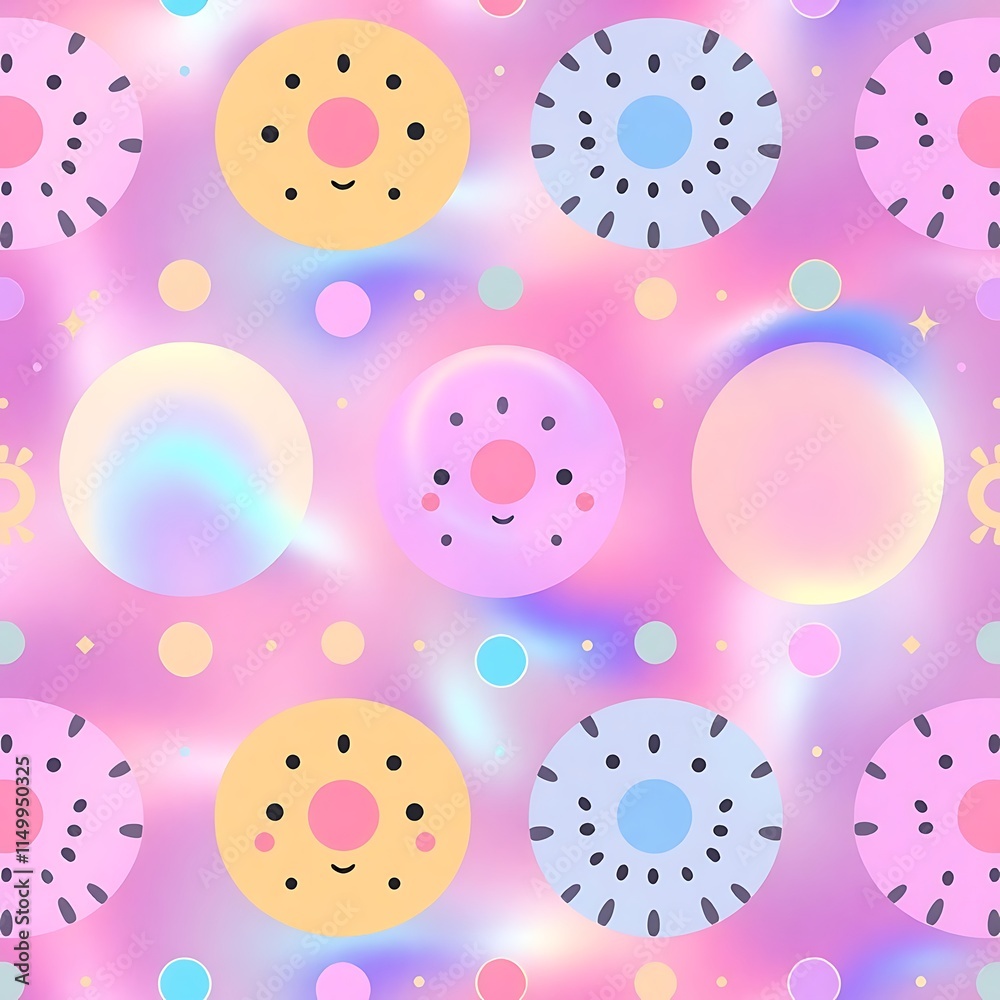 Holographic Cute Circles Pattern: A seamless pattern with cute faces and colorful circles on a holographic background. The pattern is perfect for kids' clothing, accessories, wrapping paper. Holographic Cute Circles Pattern: A seamless pattern with cute faces and colorful circles on a holographic background. The pattern is perfect for kids' clothing, accessories, wrapping paper.
