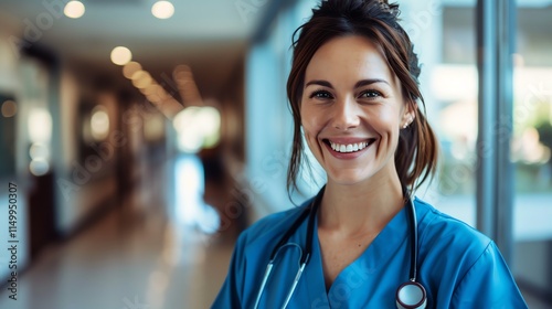 Free Download A smiling female nurse wearing scrubs stands in a hospital hallway. - GFXLoad