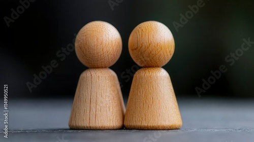 Two Wooden Peg Dolls Standing Side-by-Side, Representing Partnership and Unity