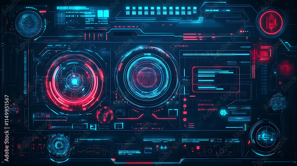 Futuristic Tech Interface: A captivating, abstract design featuring vibrant blue and red neon lights, futuristic technology, and intricate patterns. This image evokes a sense of innovation, progress. Futuristic Tech Interface: A captivating, abstract design featuring vibrant blue and red neon lights, futuristic technology, and intricate patterns. This image evokes a sense of innovation, progress.