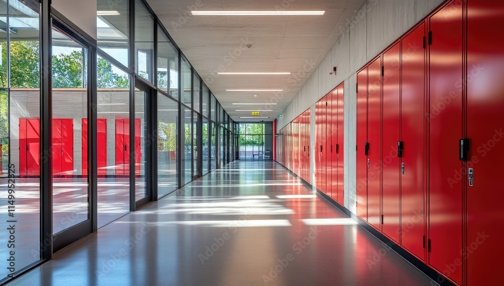 Fototapeta premium Modern Corridor with Red-Tinted Glass Storage Units