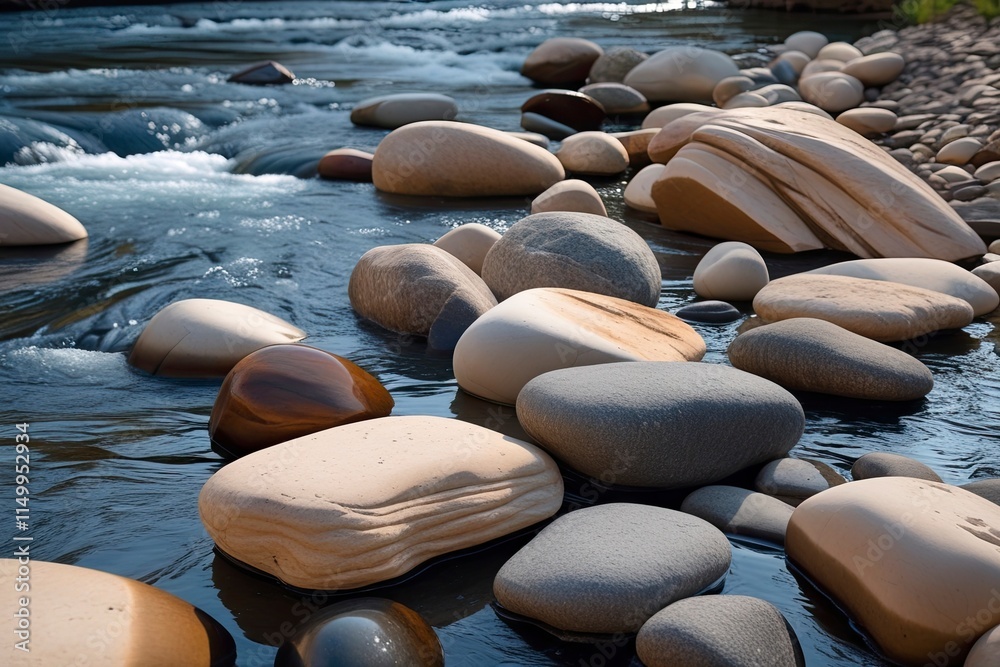 collection of smooth river stones in various sizes, which have a polished surface, scattered on the bottom of a shallow river collection of smooth river stones in various sizes, which have a polished surface, scattered on the bottom of a shallow river