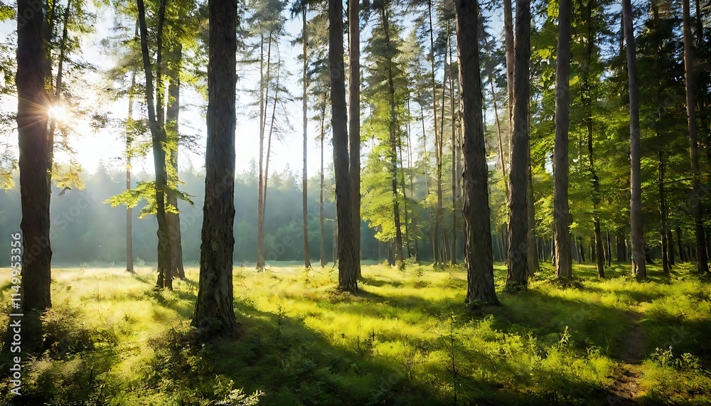 Fototapeta premium Sunny morning in the misty forest.