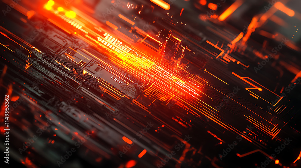 Obraz premium Abstract Cyberpunk Circuitry: A mesmerizing abstract digital artwork, showcasing a complex network of glowing, orange circuitry, evoking a sense of futuristic technology and digital innovation. 