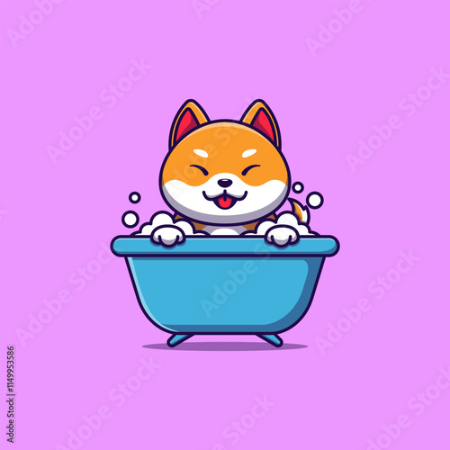 A cheerful cartoon dog in a bathtub, surrounded by bubbles.