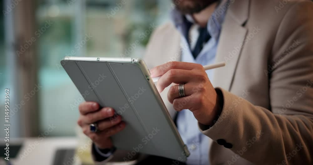Man, hands and tablet for office media, journalist scroll and article research on fashion. Male person, stylus pen and client quote for information on style trend, communication and news agency