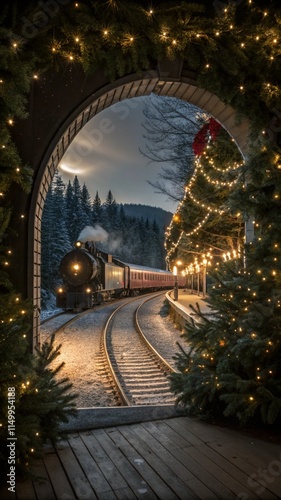 The Polar Express Train Exiting a Mirror-Like Surface, Its Lights Reflecting Below in a Magical Display, Creating a Mystical Journey Through a Winter Wonderland