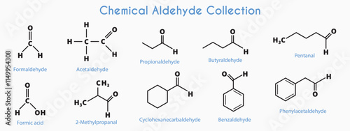 Aldehyde Compounds Set. Formaldehyde, Acetaldehyde, Benzaldehyde, Pentanal, Propanal, Butanal, 2-Methylpropanal, Cyclohexanecarbaldehyde, Phenylacetaldehyde, Formic acid. Chemical formula. Vector