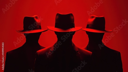 Three hackers without face. Concept of red hat, hacker group, organization or association. photo